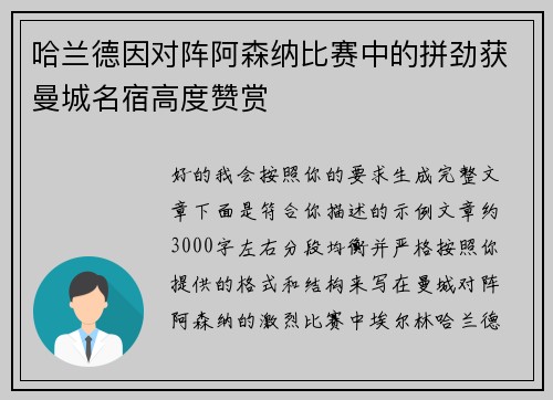 哈兰德因对阵阿森纳比赛中的拼劲获曼城名宿高度赞赏